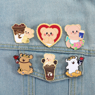 Luckyin Cà Phê Men Trâm Bơ Gấu Con Chó Con Pin Hoạt Hình Dễ Thương Huy Hiệu Kim Loại Ba Lô Phụ Kiện Quà Tặng Cho Bạn Bè