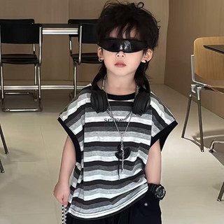 Bộ vest sọc mới cho bé trai mùa hè, áo thun không tay màu sắc + quần short cargo, bộ hai mảnh thường ngày cho trẻ em