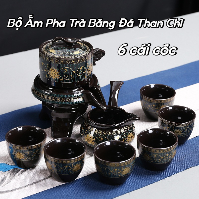 Bộ Ấm Chén Pha Trà Cối Xay Xanh Đen Vàng,Bộ Ấm Pha Trà Bằng Đá Than Chì,6 cái cốc