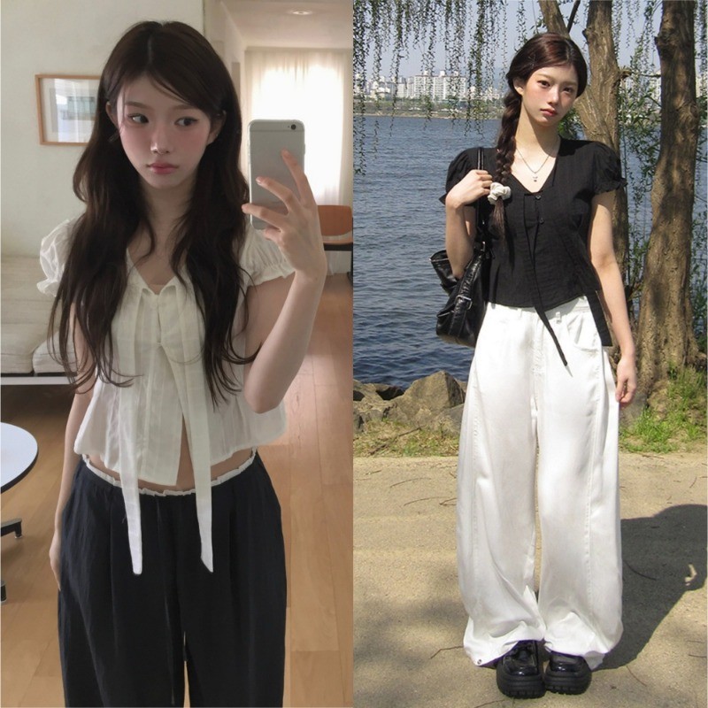 SUXI Áo sơ mi nữ tay phồng buộc dây đơn giản phong cách Hàn Quốc mới mùa hè 250523