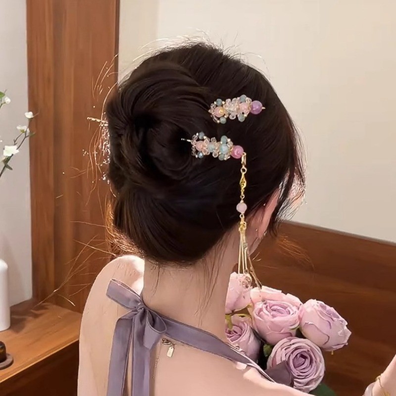MAUROPOLI [Sẵn sàng] Kẹp tóc tua rua đính cườm đầy màu sắc phong cách Trung Quốc mới Tinh tế Niche cao cấp Phong cách cổ xưa Kẹp tóc sang trọng Phụ kiện tóc Phong cách mới
