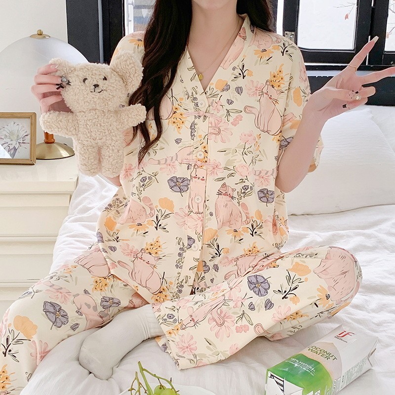 2024 Bộ Đồ Ngủ Mới Nữ Mùa Hè Quần Ngắn Tay Guofeng Cardigan Cổ Chữ V Mỏng Phù Hợp Với Mặc Ở Nhà