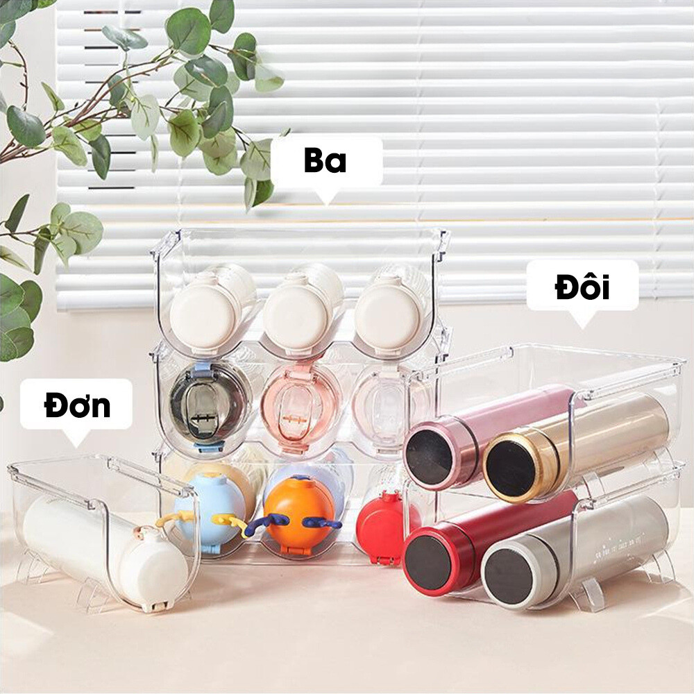 Khay để bình nước trong suốt DINOHOME chất liệu nhưa PET, Khay đựng lon nước tủ lạnh tiện dụng