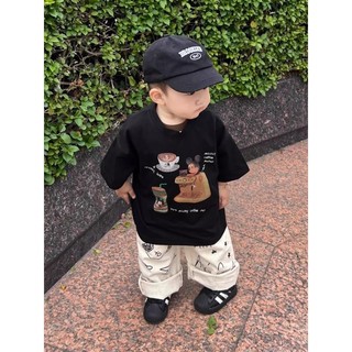 Áo thun ngắn tay đen cotton mùa hè cho bé trai, phong cách Hàn Quốc, in hình Mickey hoạt hình, áo nửa tay cho trẻ em nhỏ và vừa