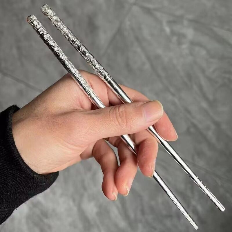 Đôi đũa bạc nguyên chất trăm phước lành, bộ đồ dùng gia đình chắc chắn, đũa dài HGRS