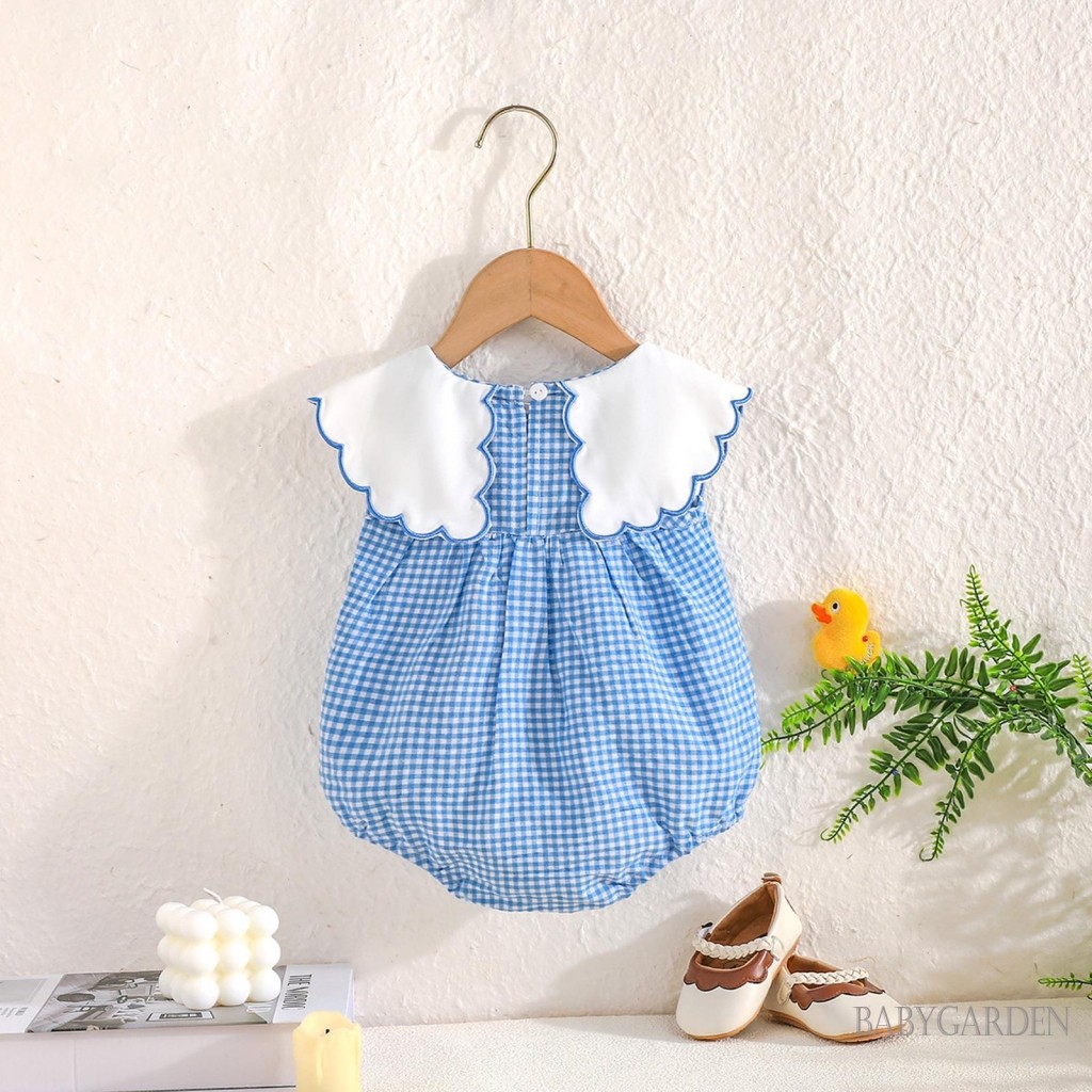 / / -Baby Girl Mùa Hè Kẻ Sọc Áo Liền Quần Màu Xanh Không Tay Cổ Búp Bê Quần Áo Thêu Vịt