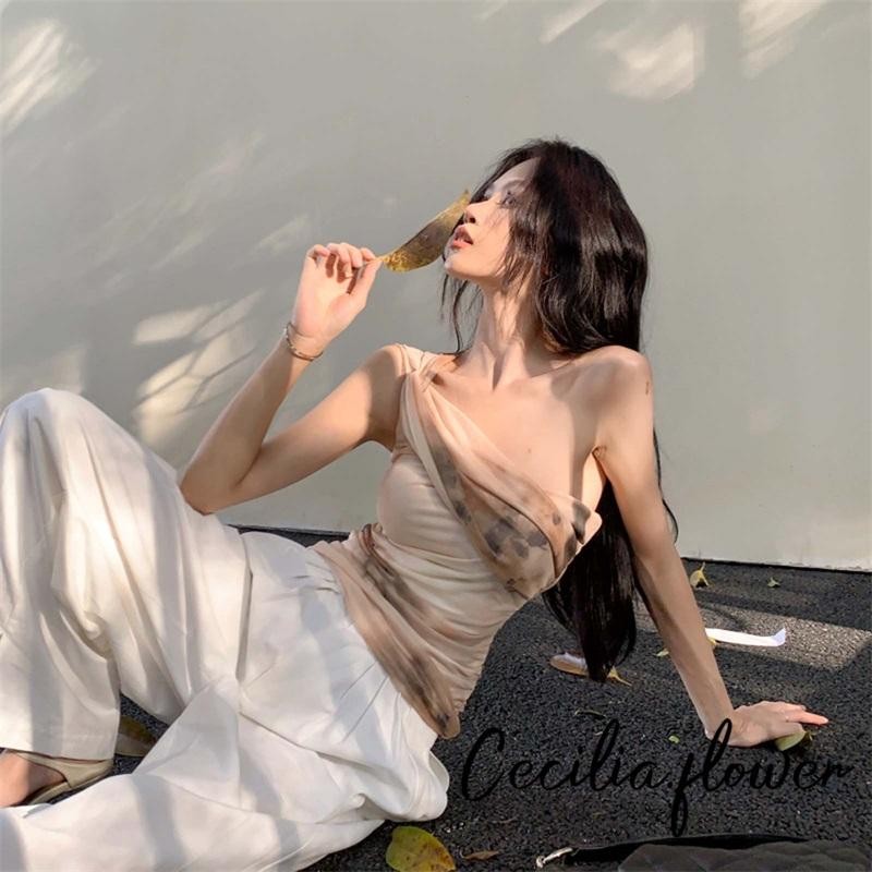 ​Áo Một Vai Croptop Nữ Hở Lưng Sexy, Kiểu Dáng Ruched Y2K, Chất Liệu Lưới Ren Mặc Mùa Hè Phong Cách Basic, Không Tay Slim Fit​