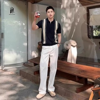 DICHUANGZHE Áo Sơ Mi Polo Tay Ngắn Dệt Kim Nhẹ Trưởng Thành Sọc Rời Top