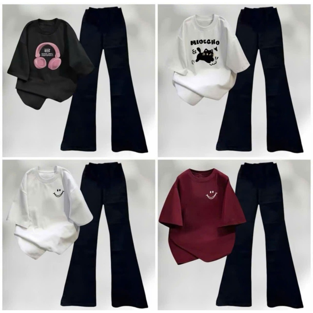 [ Rẻ Vô Địch ] Sét quần ống loe chất umi + mix áo phông form rộng unisex trái tim be