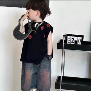 Áo vest mùa hè mới cho bé trai, áo thun không tay cho trẻ lớn, áo in son môi cho bé trai, áo thường ngày