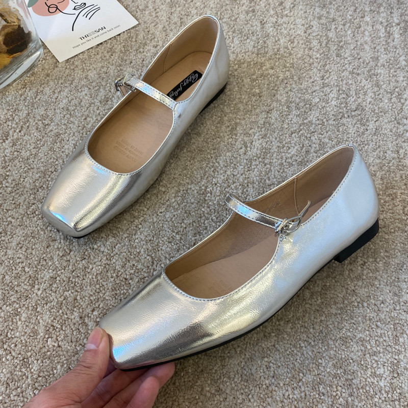 Giày Nữ Size 32-44, Mũi Vuông Pháp, Mary Jane Bạc, Đế Mềm, Phong Cách Nhẹ Nhàng, JUNE10