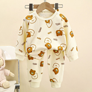 Bộ Đồ Lót Trẻ Em Phong Cách Mới Xuân Thu Hàn Quốc Sọc Dọc Homewear Cotton Quần Áo Mùa Thu Quần Dài Bé Trai Bé Gái Bộ Đồ Ngủ