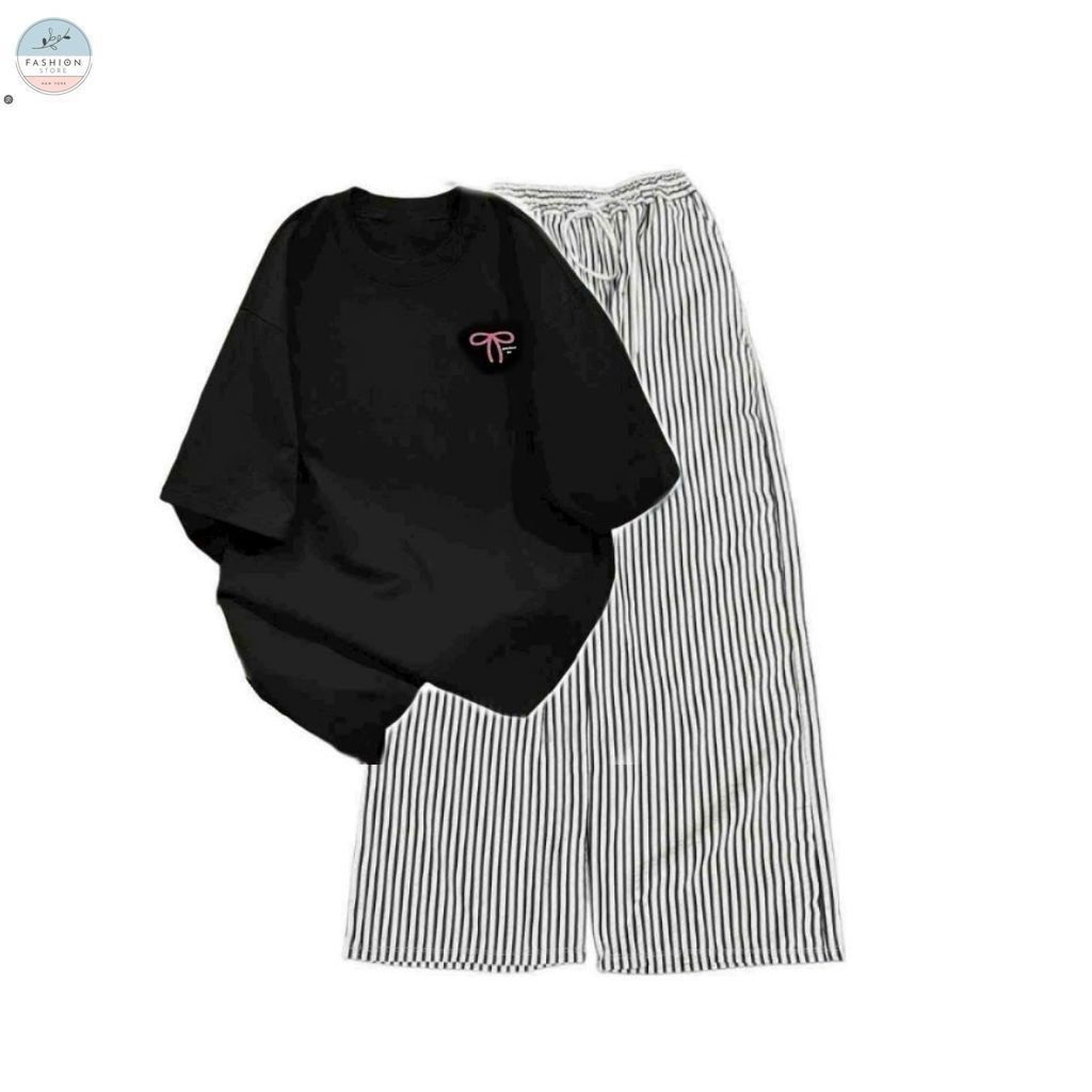 Sét Bộ Quần Đũi Xốp Vằn + mix áo phông form rộng tay lỡ - in nơ An Pha Ở Ngực-quanao94