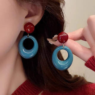 Retro Phong Cách Hồng Kông Vòng Tròn Màu Sắc Tương Phản Bông Tai Nữ Phong Cách Ngày Lễ Màu Xanh Niche Thiết Kế