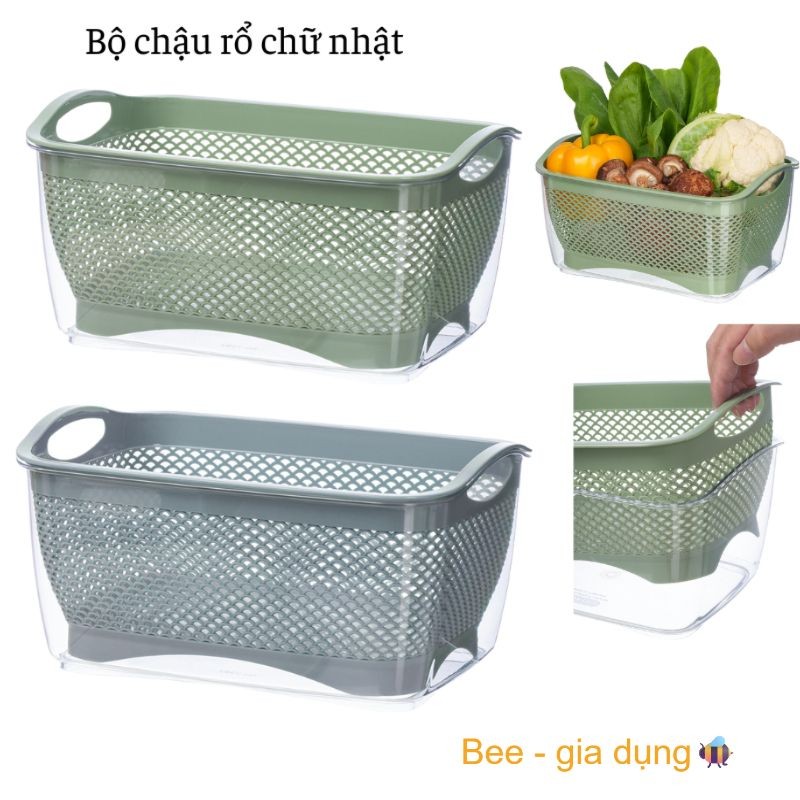 Bộ chậu rổ chữ nhật hokori, Bộ chậu kèm rổ trong suốt chính hãng VIỆT NHẬT (mã 2381)