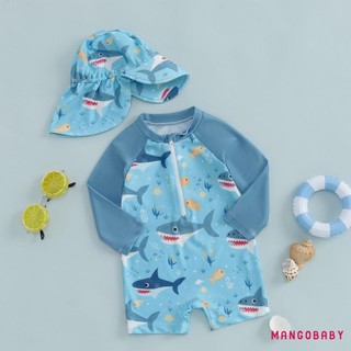MG-Toddler Bé Trai Dài Tay Đồ Bơi In Hình Cá Mập Nửa Dây Kéo Chống Đập Rash Guard Đồ Bơi Sunhat Bộ