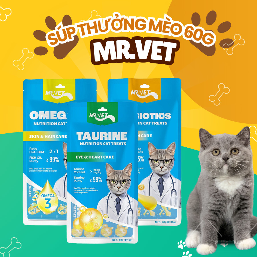 [COMBO 6 TÚI] Súp thưởng cho mèo Mr.Vet, bổ sung Omega 3, Prebiotics, Taurine hỗ trợ tiêu hóa và tim mạch