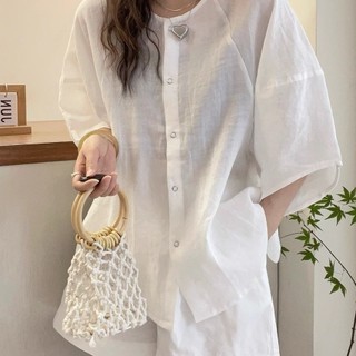 Kích Thước Lớn Rời Thường Ngày Đơn Giản Hàng Ngày Áo Sơ Mi Tay Ngắn Màu Trơn Phù Hợp Với Người Đi Làm Phong Cách Thời Trang Mỏng Hơn Nhìn Cổ Tròn Top