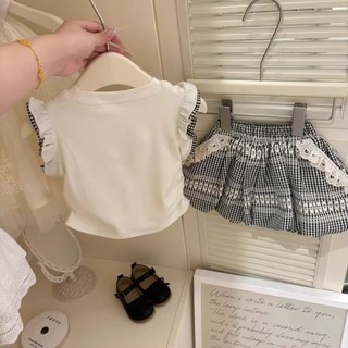 Trang phục mùa hè mới cho bé gái phong cách Hàn Quốc áo thun không tay nơ ngọt ngào áo vest quần short kẻ caro bộ hai mảnh