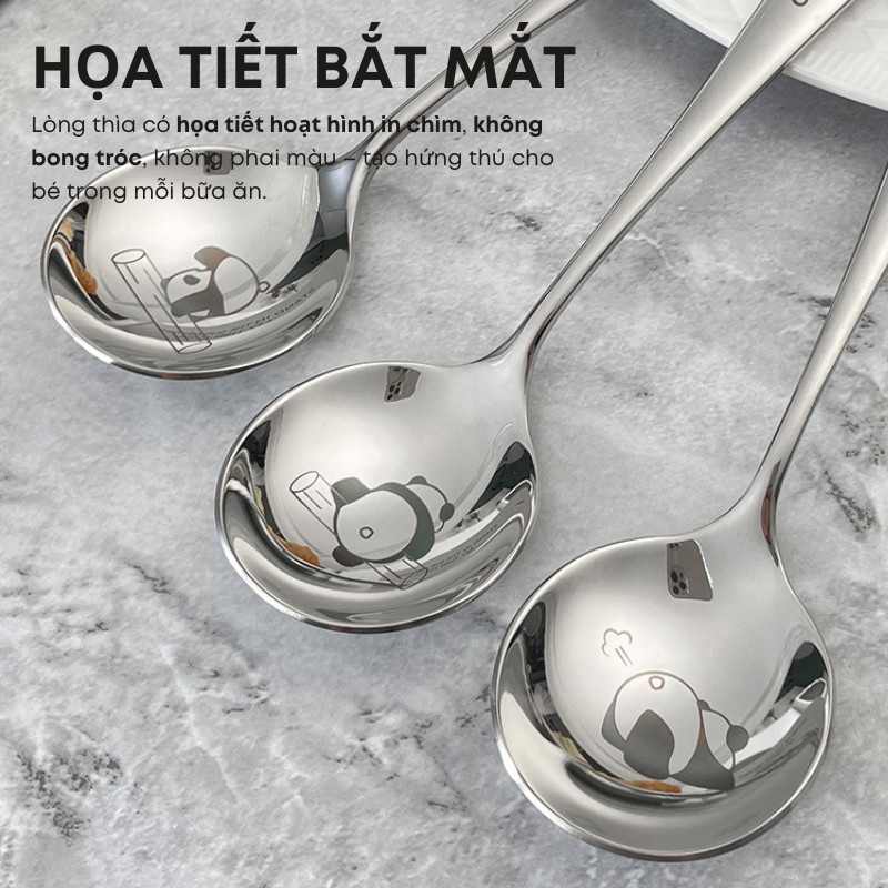 Thìa Inox 304 Ăn Dặm Cho Bé KOOBEE Dài 16cm Miệng Tròn 4.5cm An Toàn Không Gỉ Sét Sáng Bóng Họa Tiết Dễ Thương | 296