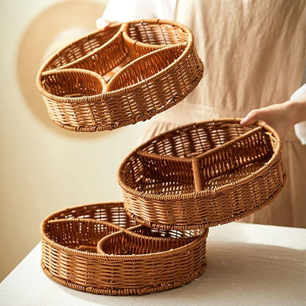 GIÁ RẺ 1 Khay Bảo Quản, Giỏ Mây Dệt Tay Hình Tròn 21 / 25 / 28cm, Nhựa Bền Giả Wicker Mây 3 Lưới Đĩa Thực Phẩm Ăn Sáng Bánh Mì Thực Phẩm Bánh Rau Quả