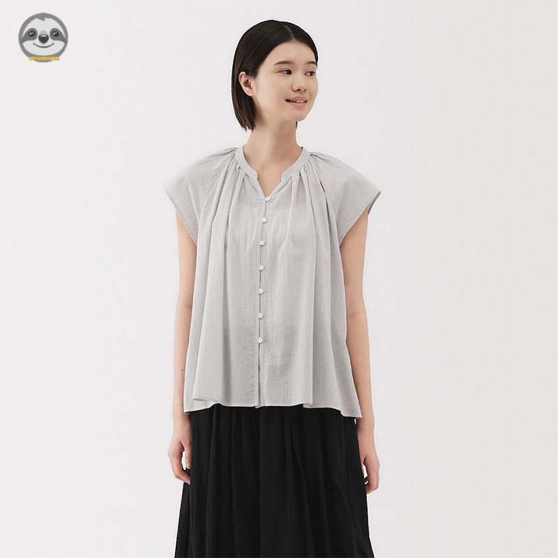 Phong cách Nhật Bản Phong cách Muji / Áo Cotton nữ xoắn chắc chắn kiểu Pháp / dáng rộng mỏng hơn trông văn học tay ngắn