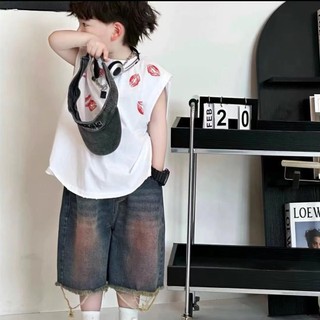 Áo vest mùa hè mới cho bé trai, áo thun không tay cho trẻ lớn, áo in son môi cho bé trai, áo thường ngày
