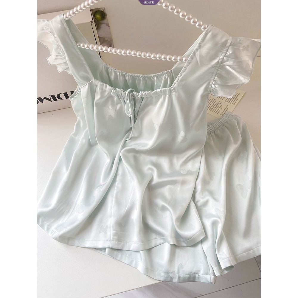 Bộ đồ ngủ bằng lụa băng mới mùa hè in nơ nhỏ tay bay dành cho học sinh [BL]