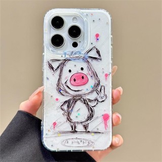 Ốp điện thoại hình heo con Graffiti Bier Line màu trắng dễ thương Thích hợp cho iPhone16 15 14 13 Pro max Bảo vệ Camera chống sốc Vỏ cứng chống rơi