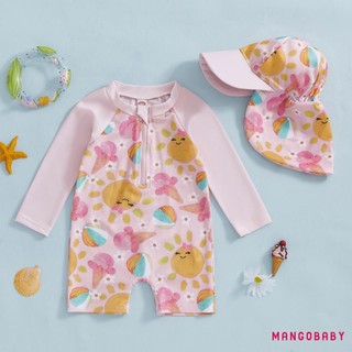 MG-Kids Girl Rash Guard Đồ bơi Đồ uống / Đồ bơi dài tay in kem và mũ cho trẻ mới biết đi Bộ đồ tắm đi biển
