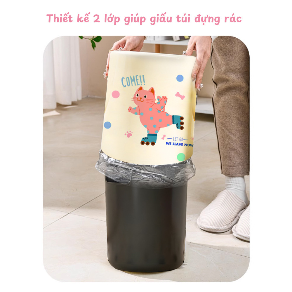 Thùng Rác 2 Lớp Có Nắp Lật Đậy Kín, Thùng Đựng Rác Hình Mèo Dễ Thương Cỡ Lớn Dung Tích 11L