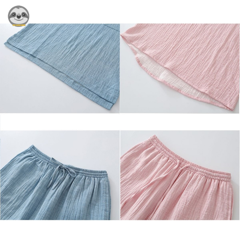 Phong cách Nhật Bản Muji Style / Sợi đôi Cotton nguyên chất Dây rút cổ tròn Quần Short ngắn tay Bộ đồ ngủ / Sợi Cotton nhăn Đồ mặc nhà thông thường