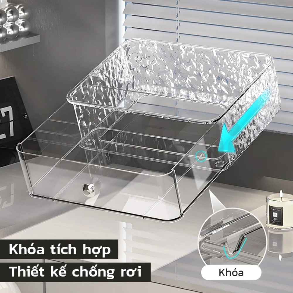 Kệ Đựng Mỹ Phẩm Trong Suốt 2 Tầng Vân Kim Cương Có Ngăn Kéo Đựng Đồ Trang Điểm Gọn Gàng Sang Trọng