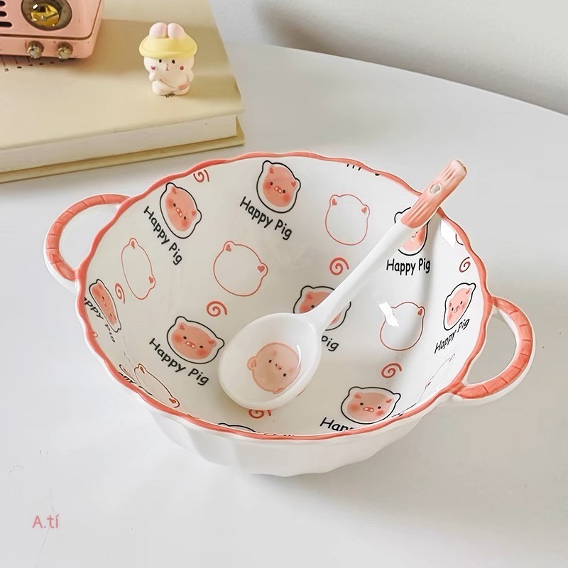 Bát sứ ăn cơm kèm thìa họa tiết Heo Hồng Cực Đáng yêu Cho Bé