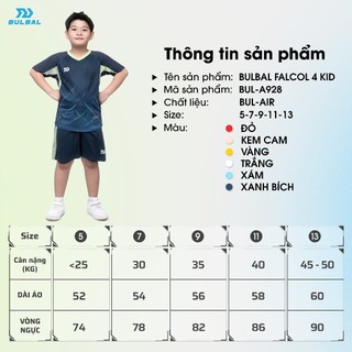 Bộ Quần Áo Bóng Đá Trẻ em Bulbal Falcol 4 chất liệu vải Bul-Air co giãn cao, thoáng mát