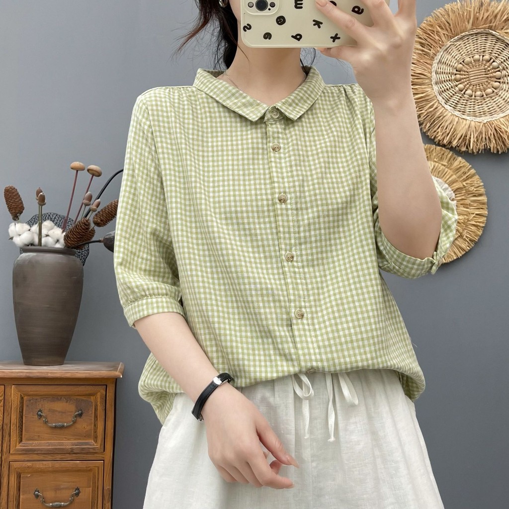 Áo sơ mi nữ cotton hai lớp, size S-XL, thoáng mát cho mùa nóng