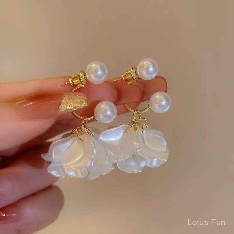 Khuyên tai cánh hoa trắng cao cấp phong cách retro Pháp, thiết kế độc đáo, khuyên tai cho phụ nữ, siêu tiên nữ tính, ngọt ngào tươi mát, đa năng với ngọc trai