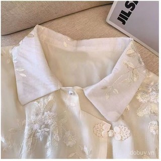 Áo blouse ngắn kiểu Trung Quốc mới 2025 cho phụ nữ, chất liệu lụa pha, thêu nút Mandarin, viền không đều