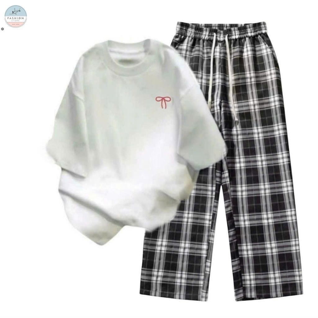 [ Hàng Mới ] Sét Bộ Quần Kẻ caro+ mix áo phông form rộng -nơ AN PHA in ngựC-quanao94