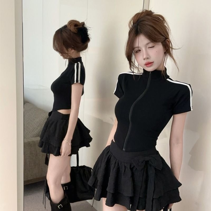 Áo thun nữ mùa hè 2025 cổ đứng dây kéo mới thời trang bó sát áo thể thao