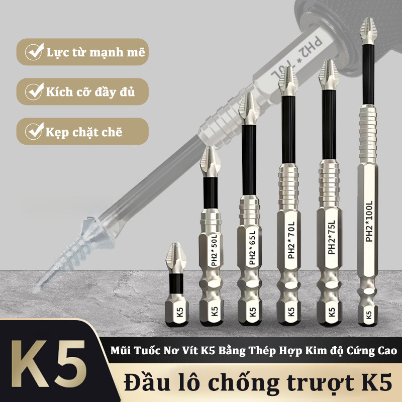 Mũi Tuốc Nơ Vít K5 Bằng Thép Hợp Kim độ Cứng Cao, 1 Mũi chéo, chân lục giác ngắn 6.35mm