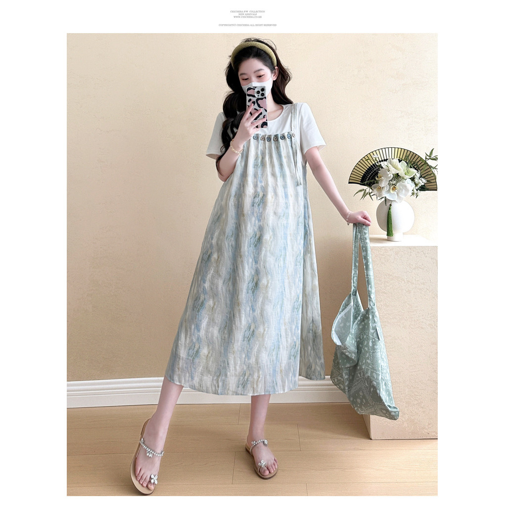 Trang phục bà bầu mùa hè phiên bản Hàn Quốc tie-dye khâu hai mảnh giả