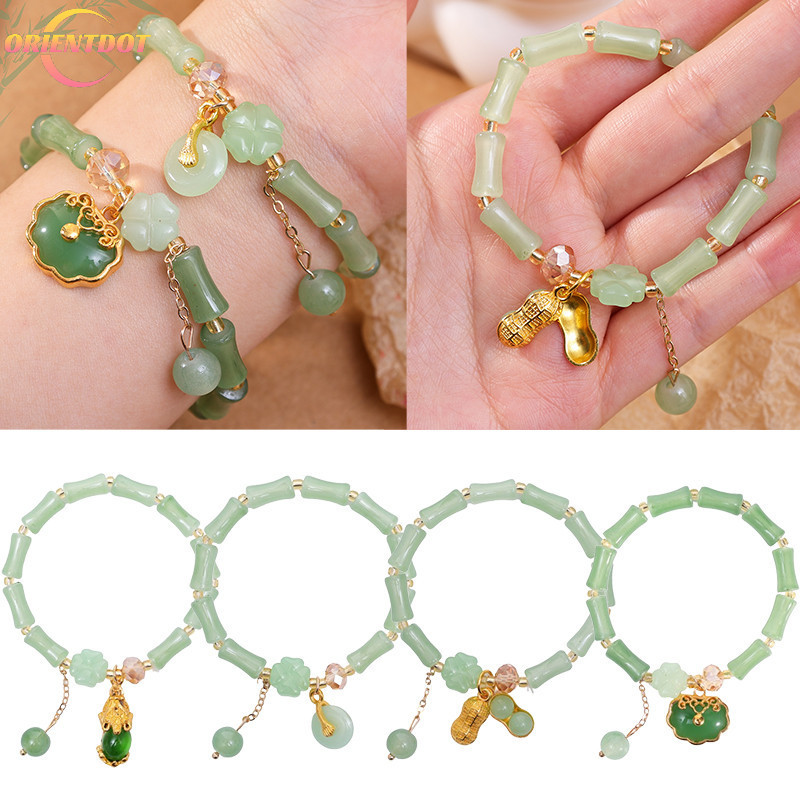 1 / 2 Chiếc Cổ Tay Retro Xanh Tre Khớp Đính Hạt Vòng Tay Trang Sức - Tốt May Mắn Vintage Mới Phong Cách Trung Quốc Đàn Hồi Tay Dây Chuyền Phụ Kiện