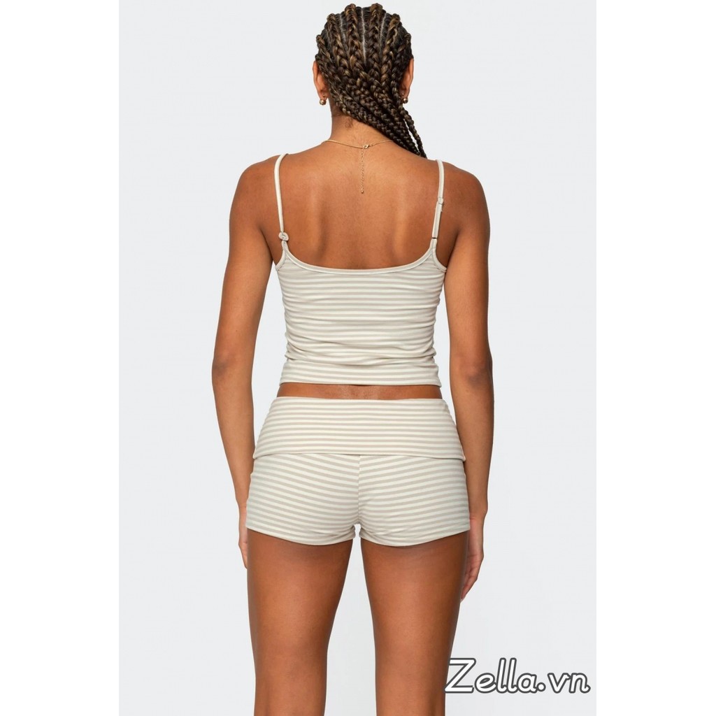 Bộ trang phục mùa hè 2 món dành cho nữ Áo hai dây Crop in sọc + Bộ quần short thắt lưng gấp