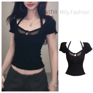 Milyfashion Đen Khâu Ren Top Mùa Hè Phong Cách Mới Slim-fit Ôm Hơn Nhìn Ngắn Tay Ngắn Ngắn Top