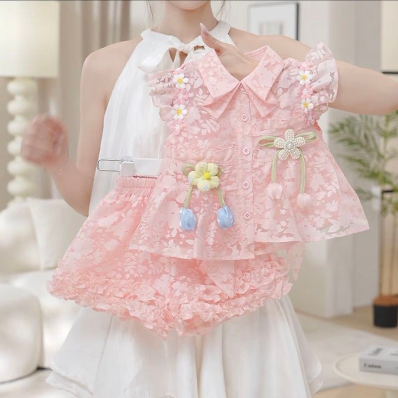 Bé Gái Mùa Hè Phong Cách Mới Thời Trang Phù Hợp Với Trẻ Em Lưới Áo Sơ Mi Cardigan Mùa Hè Thoáng Mát Bộ Đồ Hai Mảnh