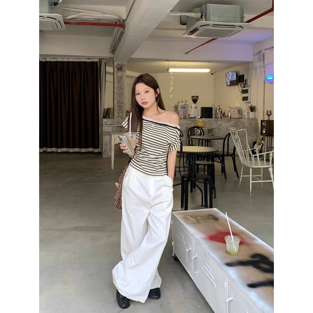 Milyfashion Cổ Phẳng Dây Ren Khâu Sọc Tay Ngắn T Mùa Hè Pure Desire Ngọt Ngào Ngắn Top Bé tee Quần Áo Nữ