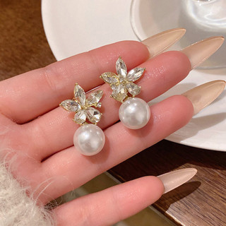 Bông tai ngọc trai hoa kim cương nhẹ sang trọng - Cao cấp Pháp ngọt ngào cho nữ