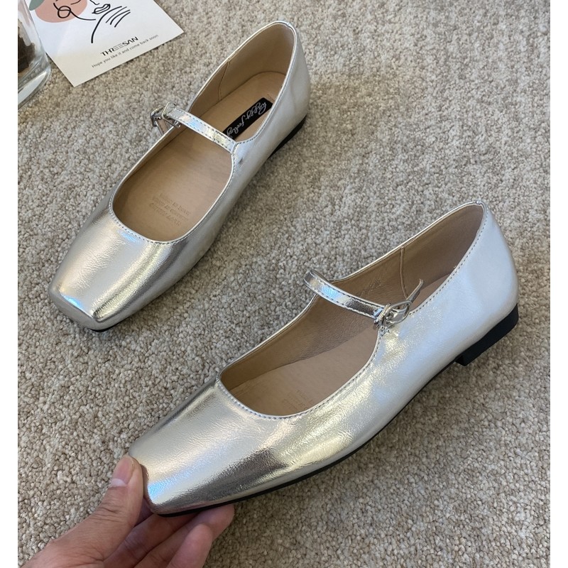 Giày Nữ Size 32-44, Mũi Vuông Pháp, Mary Jane Bạc, Đế Mềm, Phong Cách Nhẹ Nhàng, JUNE10