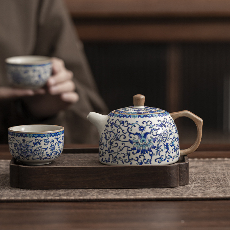 Bộ Trà Gốm Ru Kiln Xanh Trắng Cổ Ấm Trà Hộ Gia Đình Cao Cấp Có Thể Nâng Lát Kung Fu Bộ Trà Ấm Trà